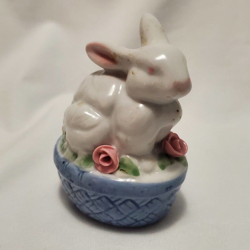 Vintage White Bunny Sitting On Woven Basket Figurine Made in China